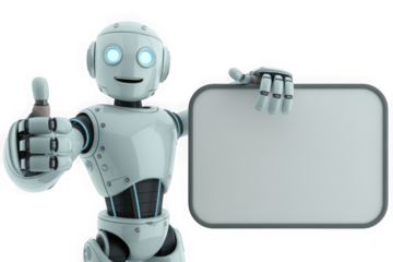 Friendly robot giving thumbs up and holding a blank sign isolated on transparent background