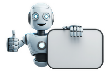 Friendly robot holding a blank sign and giving a thumbs up isolated on transparent background
