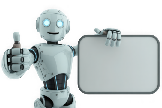 Friendly robot giving thumbs up and holding a blank sign isolated on transparent background