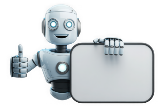 Friendly robot holding a blank sign and giving a thumbs up isolated on transparent background