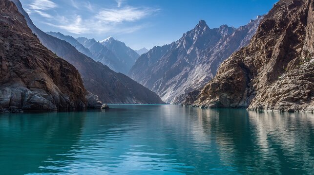 Attabad Lake Pakistan turquoise blue water surrounded rugged Karakoram mountains dramatic reflections clear skies scenic travel photography natural landscape high detail