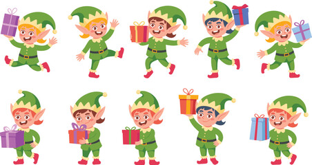 Cute cartoon Christmas elves holding gifts, festive holiday character set with joyful kids in elf costumes perfect for winter celebration illustrations