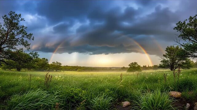 Dramatic rainbow arcs over lush meadow after rainstorm at golden hour
