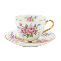 Fototapeta premium Vintage floral porcelain tea cup with gold rim isolated