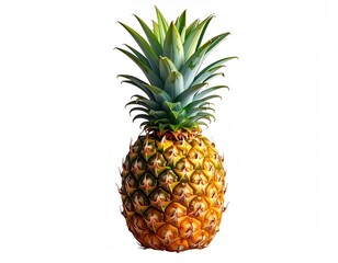 Ripe, spiky pineapple with leafy crown on white backdrop