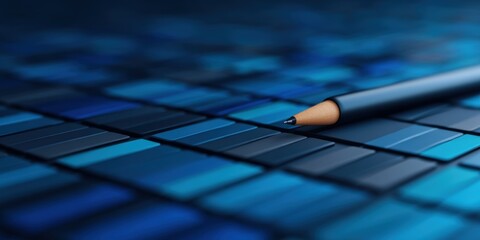 Small business branding mockup, A close-up image of a pencil resting on a gradient of blue color swatches, showcasing a variety of shades and tones.