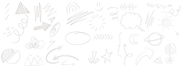 Sketch underline, emphasis, arrow shape set. Hand drawn brush stroke, highlight, speech bubble, underline, sparkle element. Vector illustration.