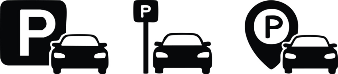 Parking Icon Set: A collection of parking icons in various styles, showcasing the symbol with car silhouette, ideal for navigation, direction, and city planning.