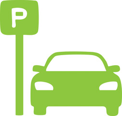 Parking Spot: A graphic representation of a parking sign next to a parked automobile, highlighting designated space.