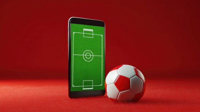 Smartphone displays soccer field with ball nearby, representing mobile sports gaming