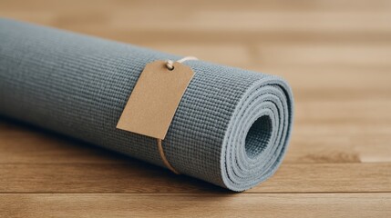 Small business branding mockup, A rolled yoga mat with a tag, resting on a wooden surface, suggesting a calm and inviting atmosphere for practice.