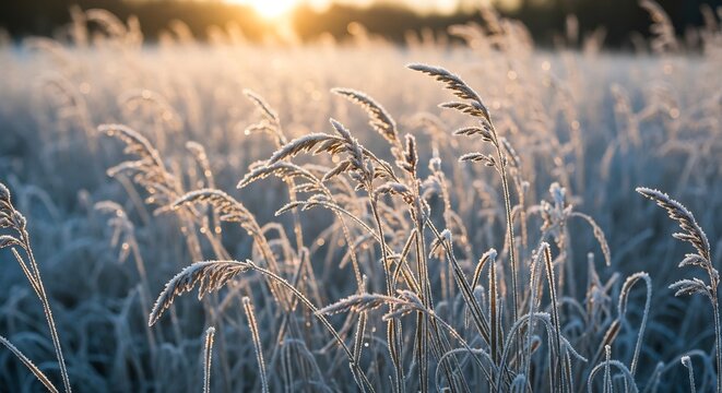 冬の朝 霜の降りた草地 風景 静けさ
