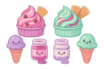 Cute pastel ice cream cones soft serve cups and sweet dessert jars with smiling faces