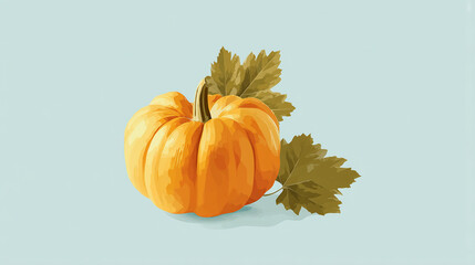 Single orange pumpkin with autumn leaves on light blue background