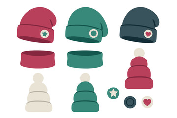 Colorful winter beanie hats and headbands collection with decorative patches