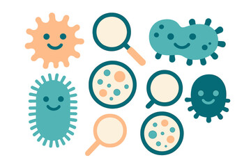 Stylized smiling bacteria germs and viruses with magnifying tools and petri dishes