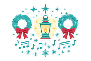 Fototapeta premium Glowing vintage lantern between two Christmas wreaths with musical notes and snowflakes