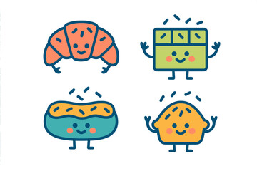 Cute cartoon characters of baked goods and sweet desserts with happy faces