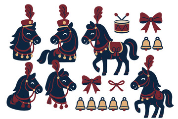 Stylized circus horses decorated with plumes, saddles, and festive parade accessories © Andrei
