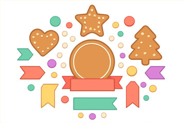 Assortment of festive gingerbread cookies, colorful ribbons, and confetti