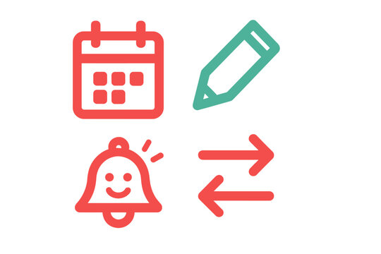 Modern digital icons set featuring calendar schedule, editing pencil, alert notification, and data exchange arrows