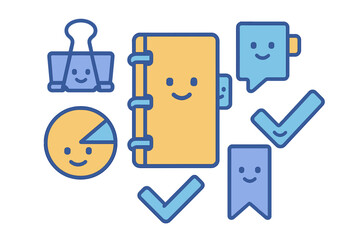 Collection of cute, smiling icons for business planning, office productivity, and organization