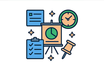 Project management essential elements: presentation chart, deadline clock, and task checklist