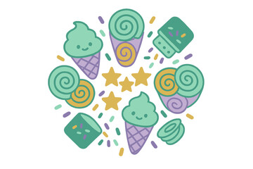 Cute pastel sweets and desserts arranged in a circular pattern with sprinkles and stars
