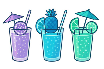 Row of three vibrant summer cocktails with fruit garnishes and decorative umbrellas