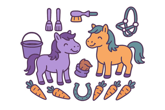 Smiling cartoon ponies and stable equipment including horseshoe carrots and grooming tools
