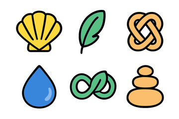Six colorful symbols representing nature, spa, and wellness concepts including seashell, leaf, water drop, and stacked stones