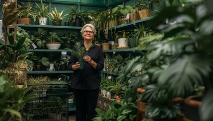 Woman Tending to Indoor Plants in a Lush Greenhouse at Midday With Vibrant Foliage Surrounding Her