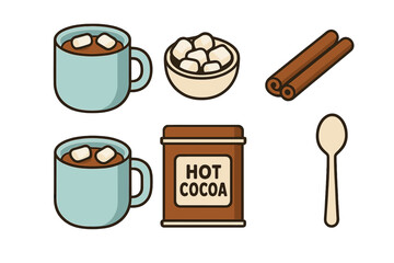 Cozy winter set of hot chocolate mugs, marshmallows, cinnamon sticks, and cocoa powder
