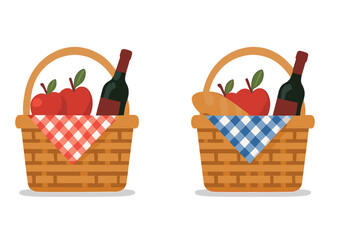 Pair of traditional wicker picnic baskets filled with wine bottle, fresh apples, and checkered cloth