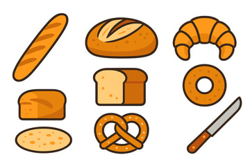 Fresh baked goods assortment featuring baguette, croissant, loaf, bagel, and pretzel