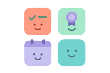 Fototapeta premium Set of four colorful application icons for task completion, scheduling, achievement, and positive emotion