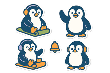 Happy cartoon penguins wearing earmuffs and riding sleds in winter snow