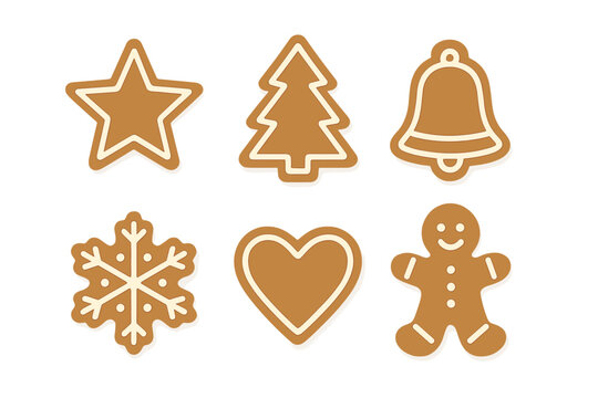 Six classic holiday gingerbread cookies decorated with simple white icing shapes