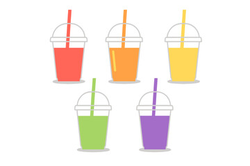Five colorful plastic takeaway cups filled with various fruit smoothies or refreshing cold drinks