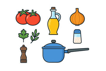 Essential cooking ingredients and kitchen tools set including vegetables, oil, spices, and saucepan