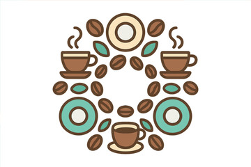 Symmetrical circular pattern design featuring steaming coffee cups, roasted beans, and abstract shapes