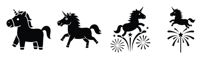 silly unicorn on fireworks silhouette funny vector illustration