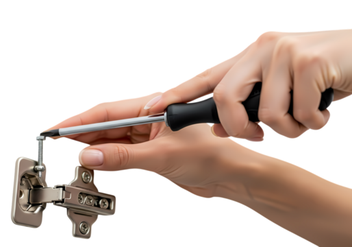 Woman fixing hinge with screwdriver for home repair