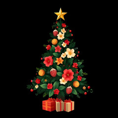 tree, floral, christmas, flower, decorated, holiday, festive, winter, botanical, nature, bloom, blossom, petals, garland, foliage, leaves, pine, spruce, ornament, decor, decorative, greenery, bouquet,