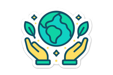 Hands holding the planet Earth surrounded by green leaves and sparkling elements