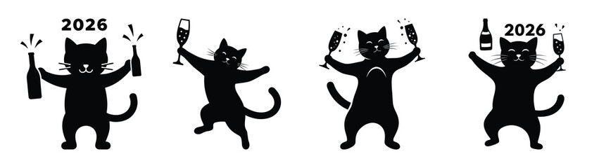 champagne dancing cat 2026 silhouette funny vector illustration