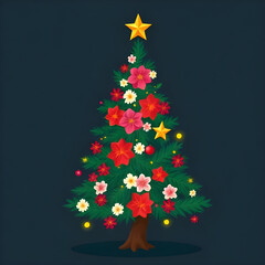 Obraz premium tree, christmas, flower, floral, decorated, vector, winter, festive, bloom, blossom, petals, leaves, foliage, botanicals, pine, spruce, ornament, colorful, vibrant, bright, elegant, joyful, cheerful, 