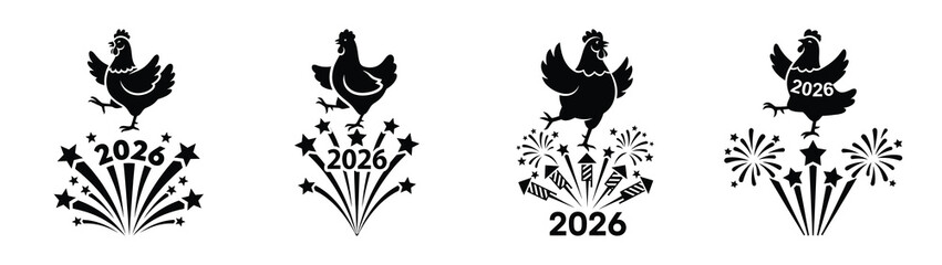 chicken dancing on fireworks silhouette funny vector illustration