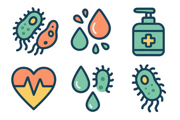 Colorful icons set featuring bacteria, hand sanitizer, water drops, and heart health symbols
