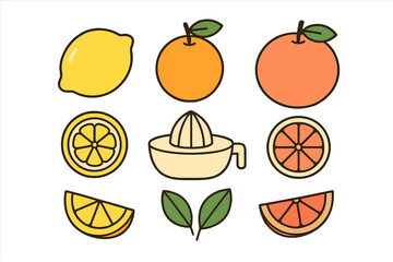 Whole citrus fruits, slices, leaves, and a manual juicer tool set